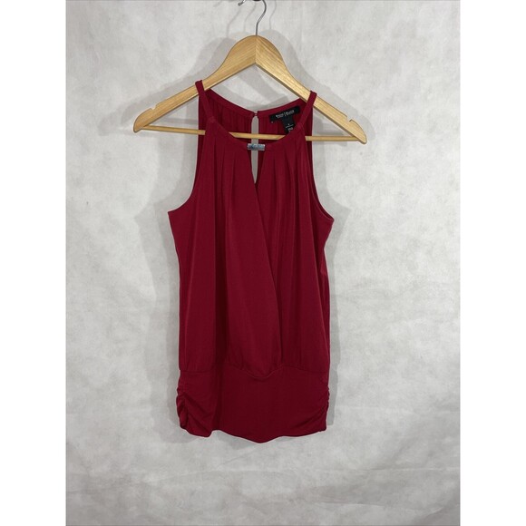 White House Black Market Keyhole Stretch Blouse Top Burgundy Size S - Picture 1 of 9